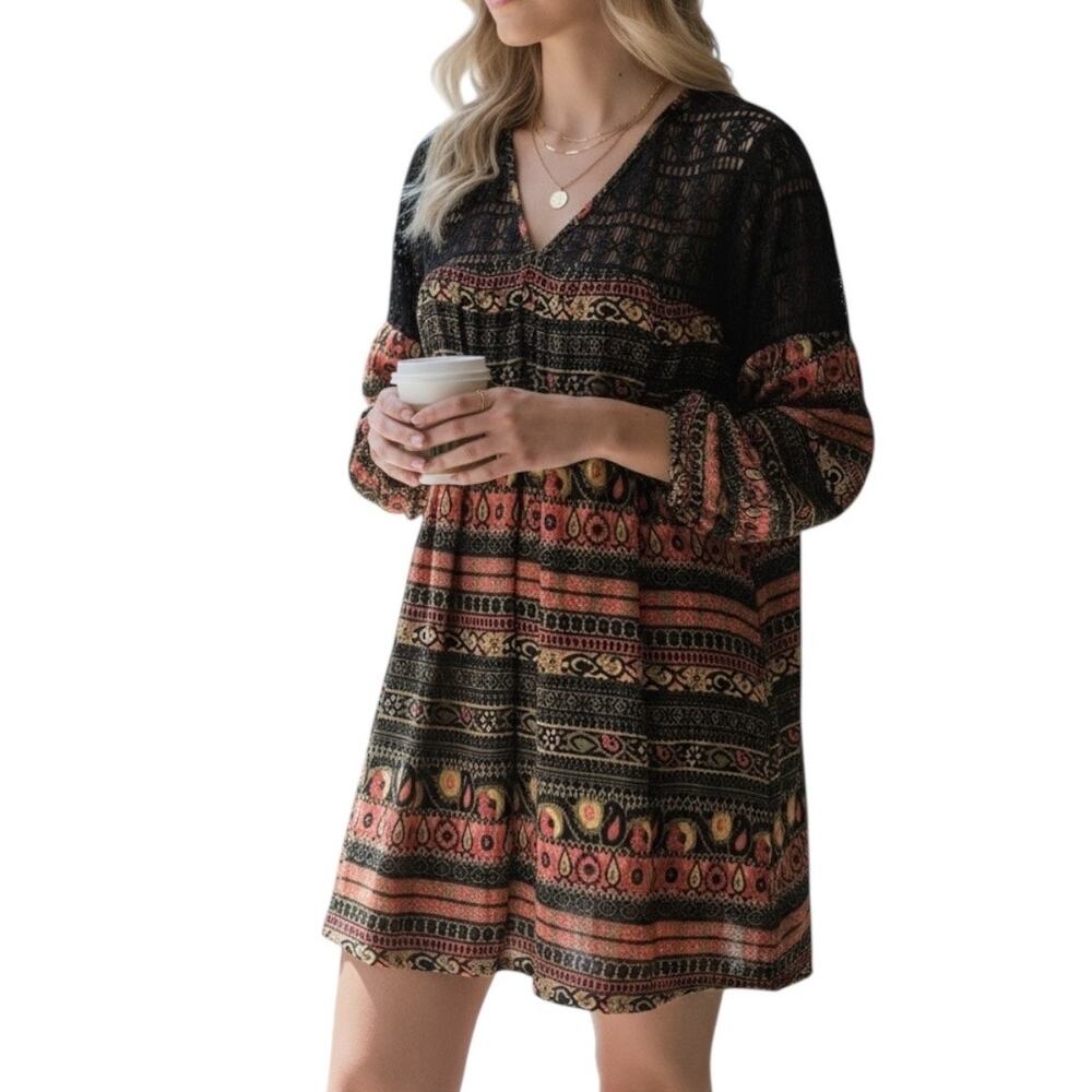 Umgee Boho Crochet Tunic Black Festival Cottagecore Western Mini Dress Top Small